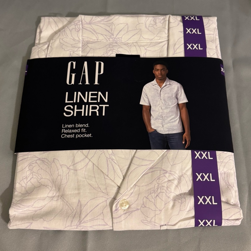 New GAP Men's White w/ Purple Floral Design Linen-Blend Vacay Shirt in Stand Fit